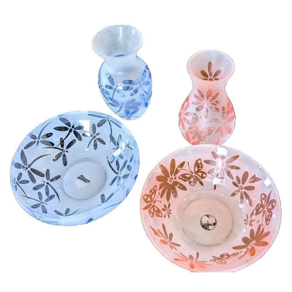Lenox Crystal 4-Pc NIB Bundle: Blue Dragonflies + Pink Floral Vase & Bowl Set